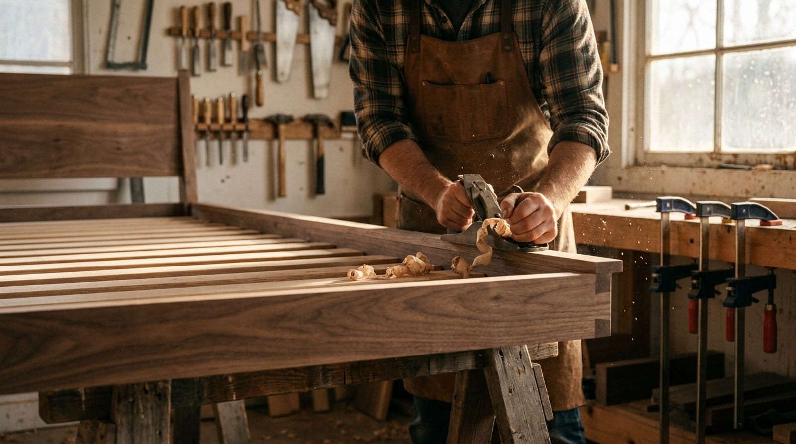 A craftsman hand-planes the rail of a slatted wooden bed frame in a sunlit workshop