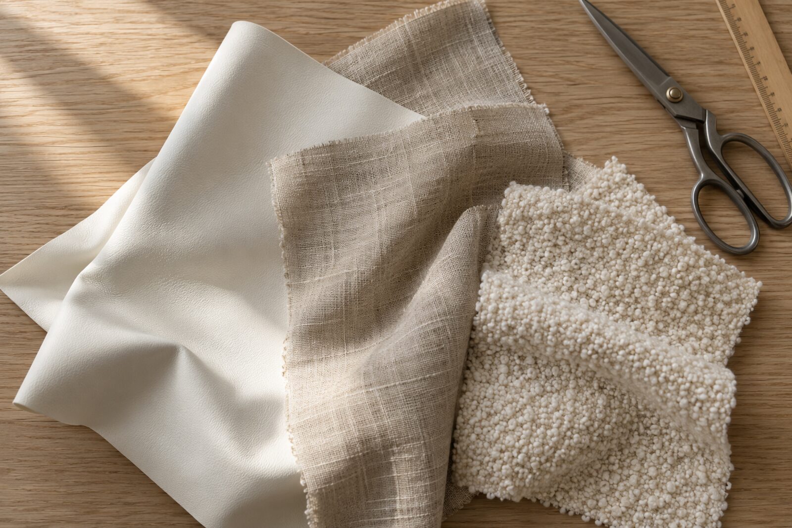Three fabric swatches laid on a white oak table in morning light: white vegan leather, oatmeal linen and ivory bouclé