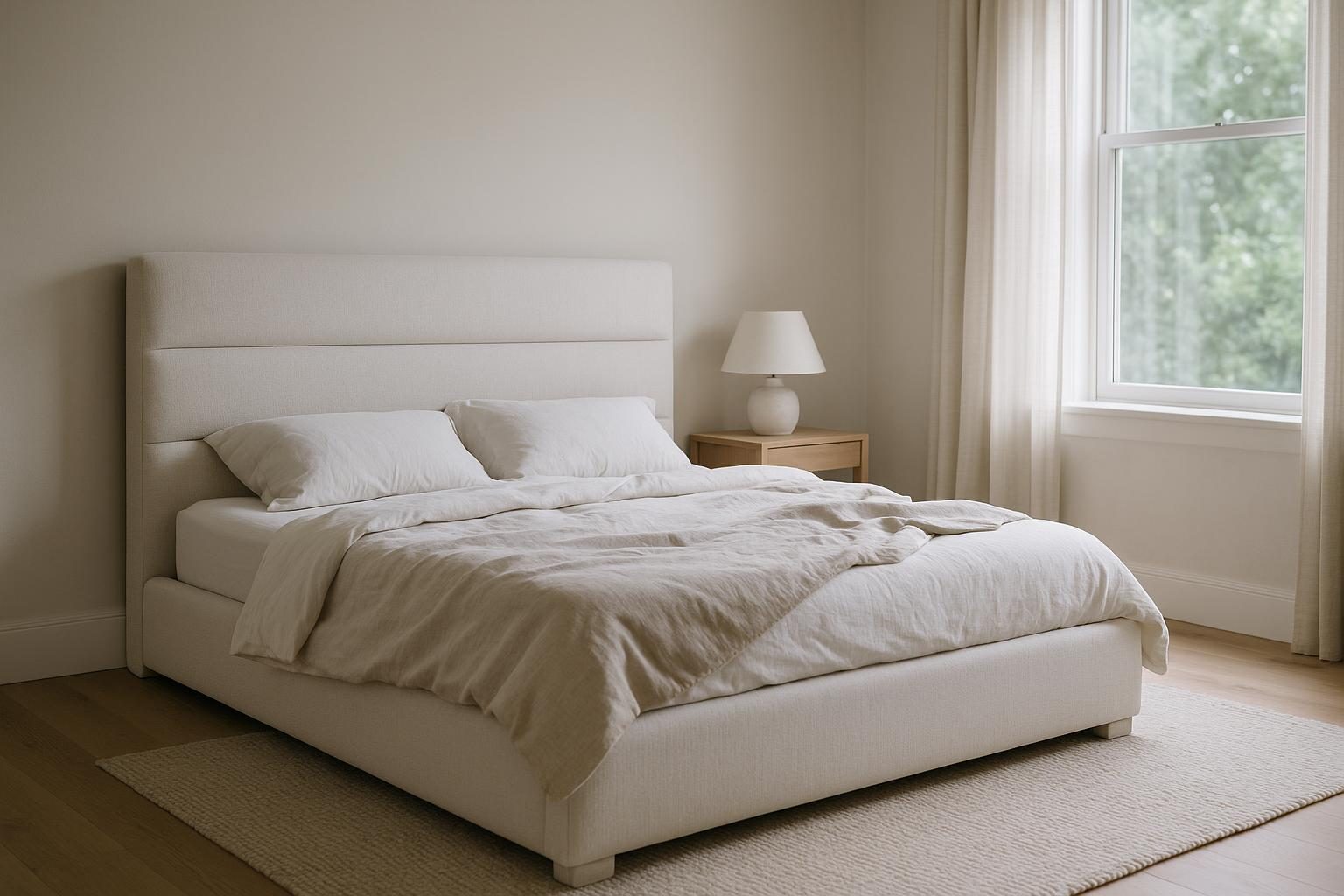 A calm, uncluttered bedroom in soft morning daylight, anchored by a white upholstered platform bed with a channelled headboard and rumpled linen bedding