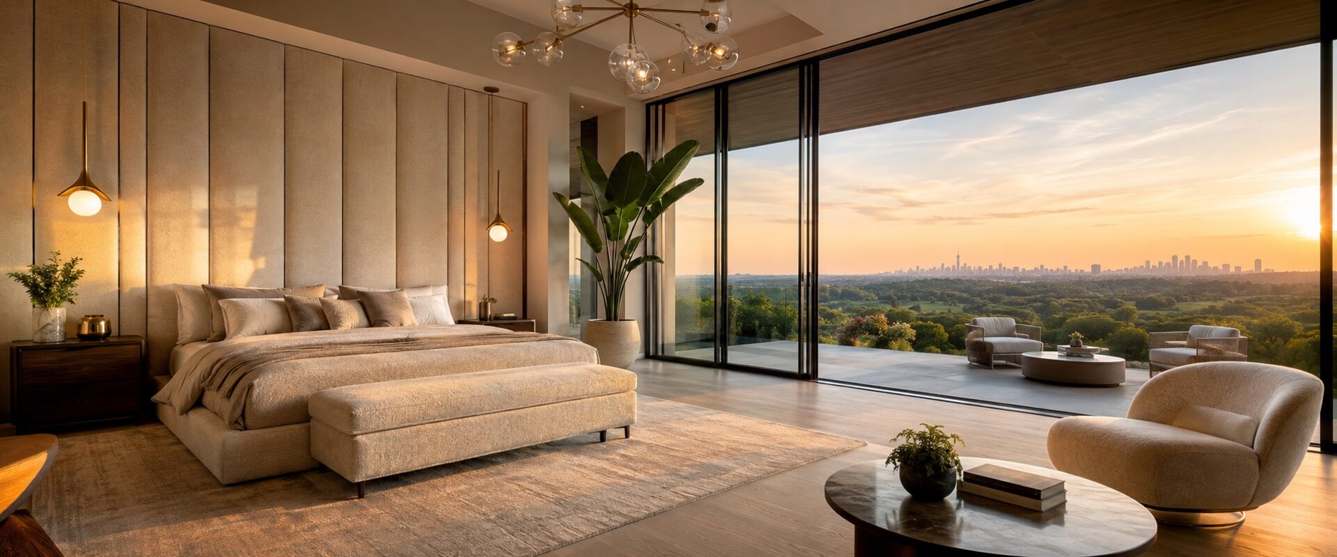 A bedroom suite at golden hour with a full wall of channel-upholstered panels behind the bed, a matching bench at its foot and floor-to-ceiling windows opening to a terrace with the Toronto skyline