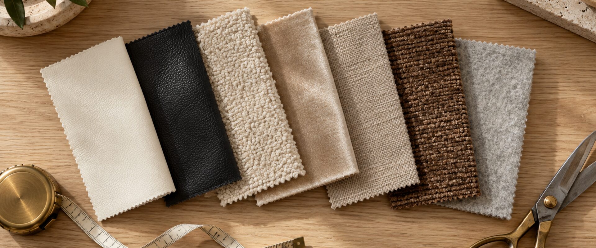 Folded fabric swatches in oat, rust, sage and ivory laid out on a wooden table in daylight