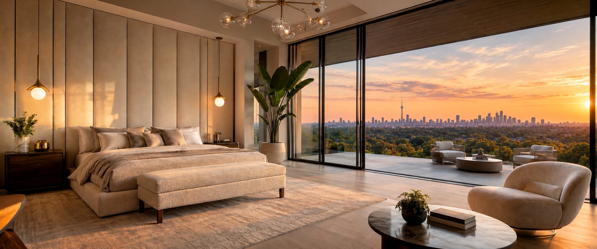 A bedroom with a wall of channel-upholstered panels behind a low bed, an upholstered bench at its foot and floor-to-ceiling windows over a city at sunset