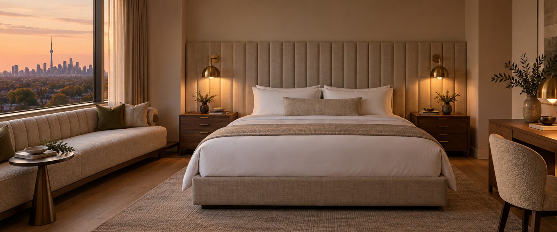 A hotel room with a wide upholstered headboard, two bedside lamps and a long bench at the foot of the bed