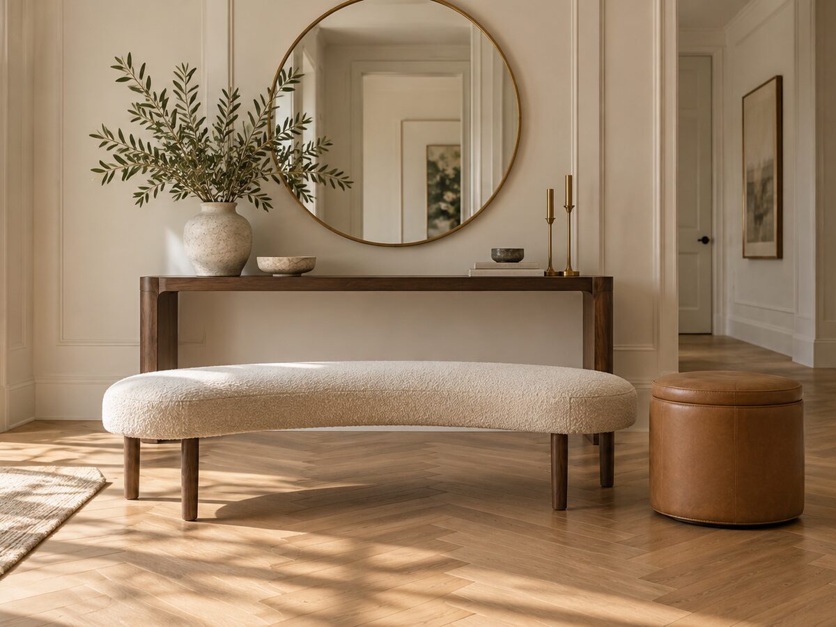 A curved upholstered bench and a storage ottoman in a bright entryway