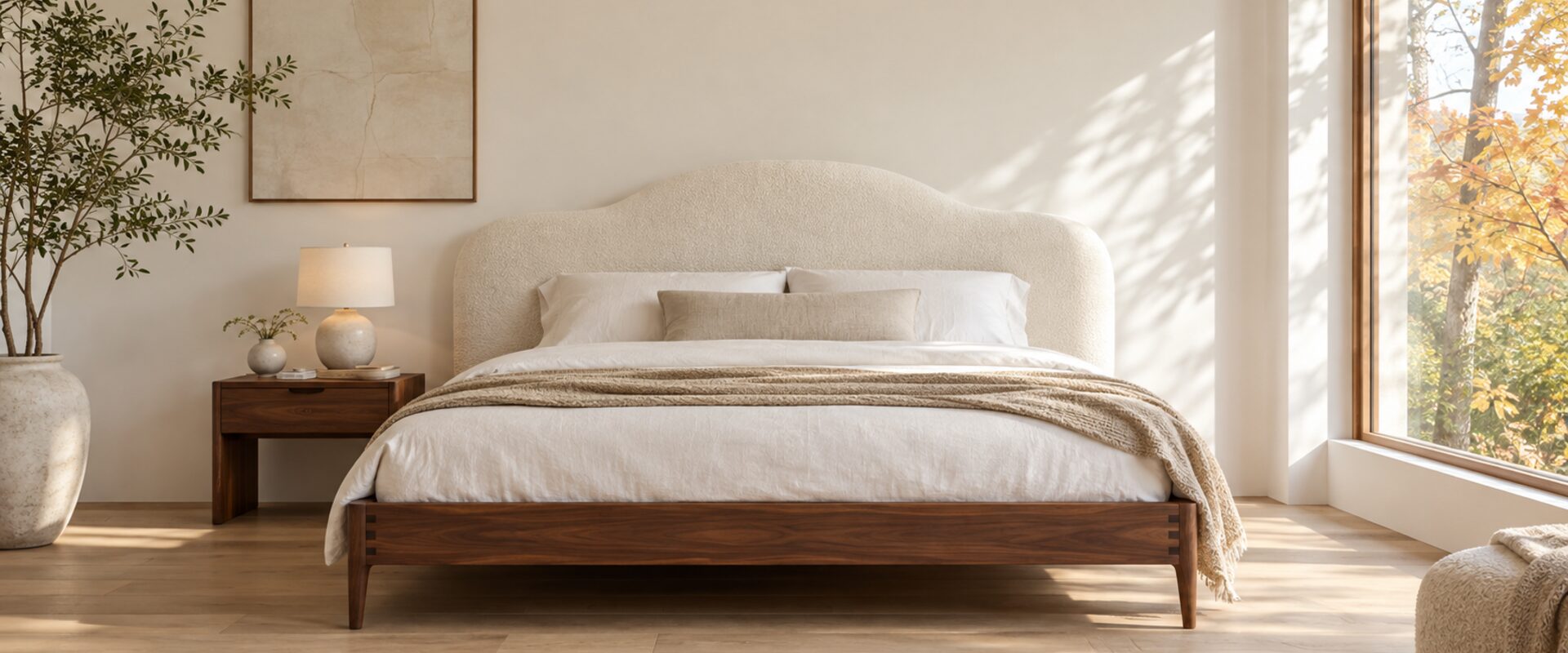 A tall upholstered headboard in a pale fabric behind a bed made up with white linen, in a bedroom with morning light