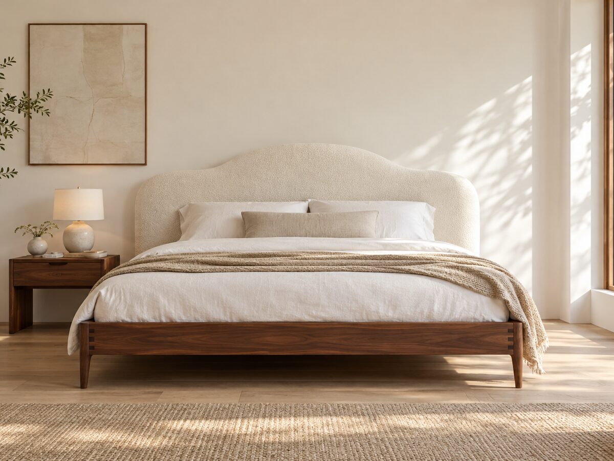 A tall upholstered headboard in a pale fabric behind a bed made up with white linen