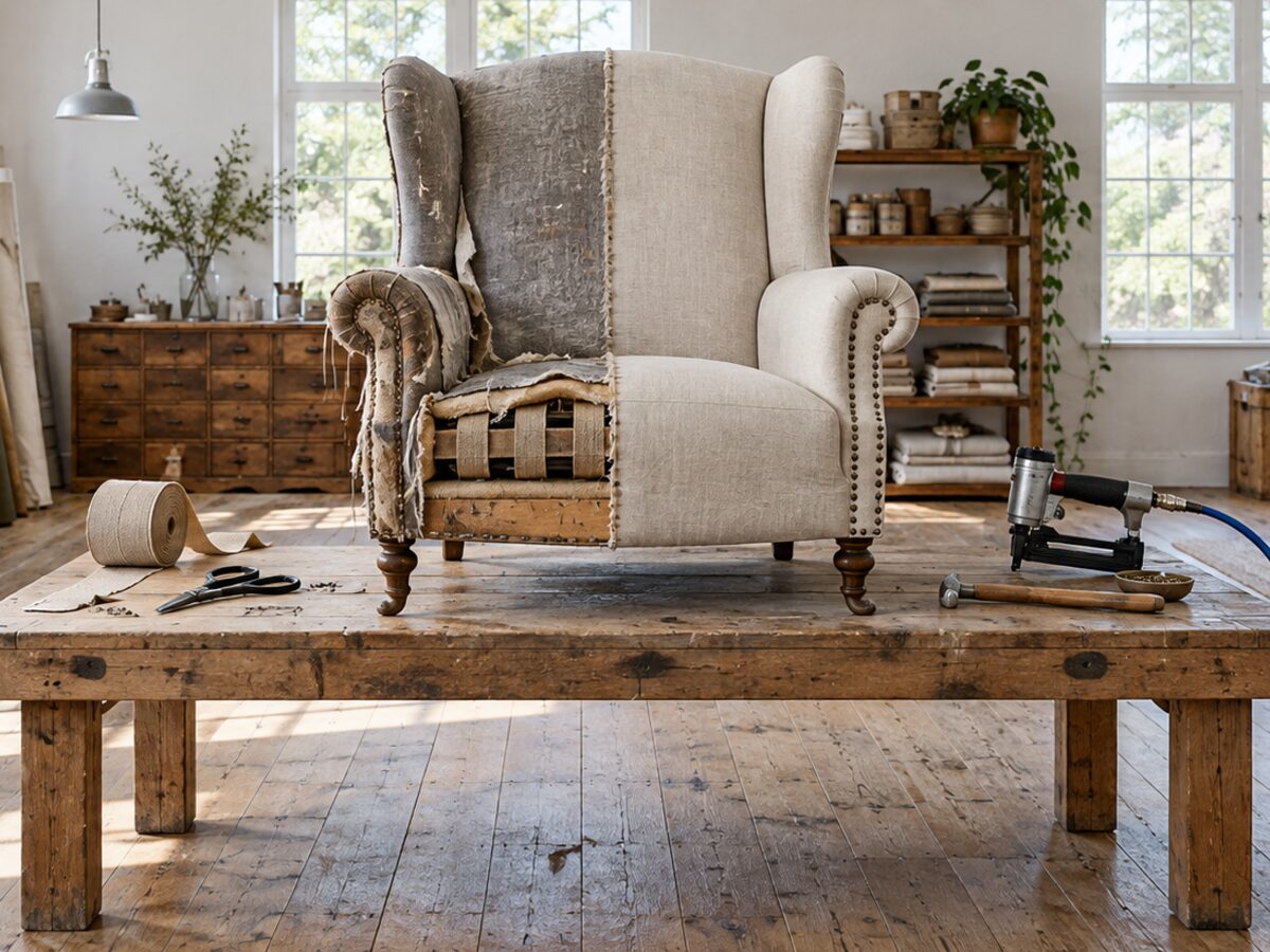 A wingback armchair on a workbench, half covered in new oatmeal fabric