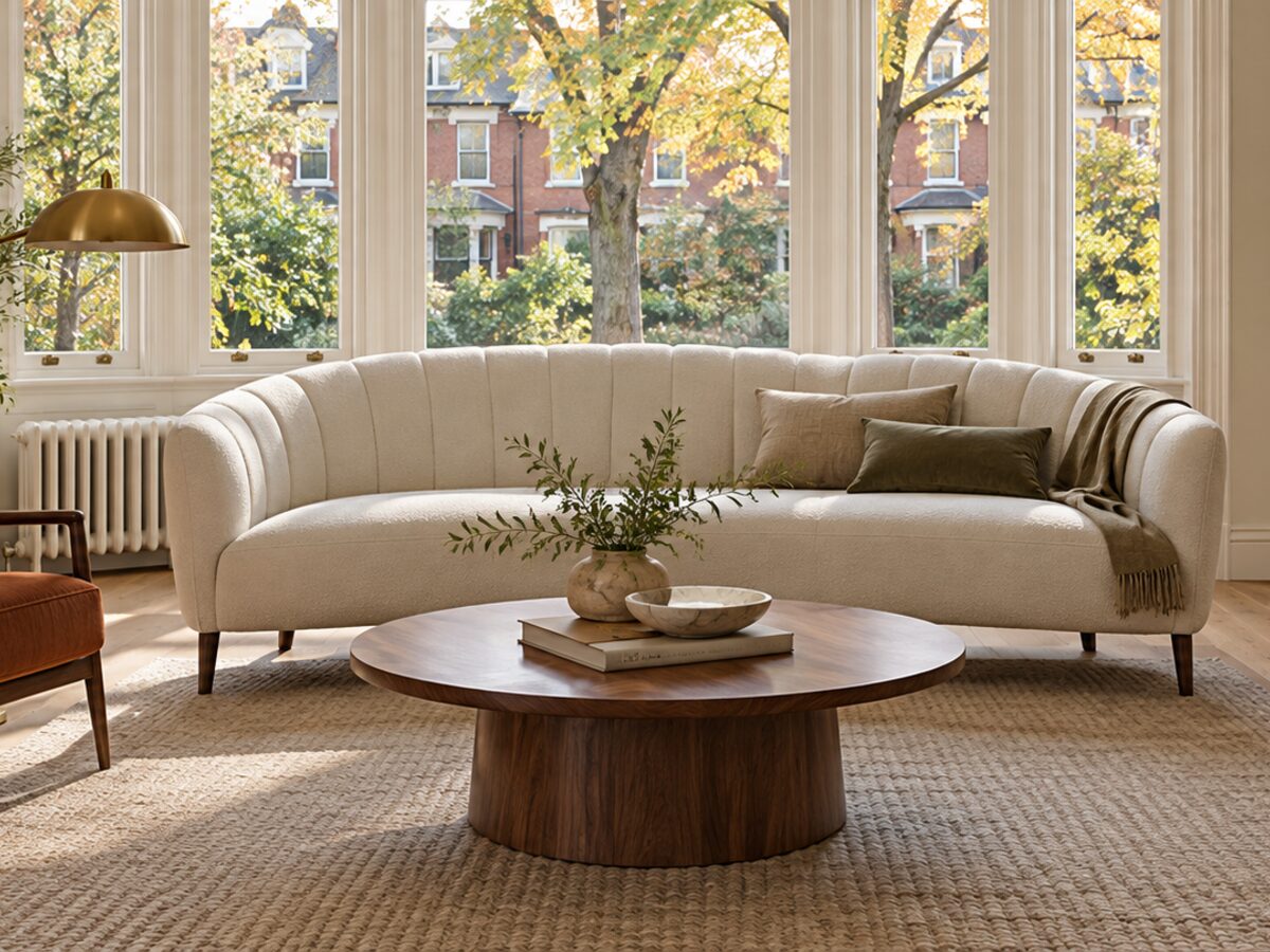 A curved sofa in a textured ivory fabric beside an armchair in rust velvet