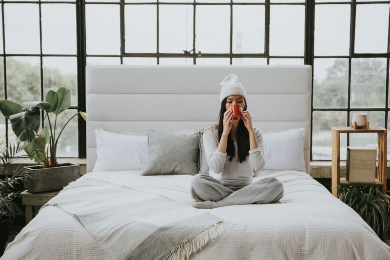 King Zazen Bed in white vegan leather with a 5 ft horizontal channel headboard